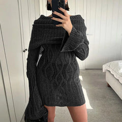 Advbridge Temperamental Slim Party Short Dress Winter Solid Color Perspective Knitted Sweater Elegant Slash Neck Long Sleeve Crochet Dress