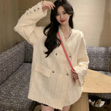 ADVBRIDGE  -  Korean Elegant Solid Tassel Women Coat Autumn New Double Breasted Female Suit Coat All Match Pockets Long Sleeve Ladies Top