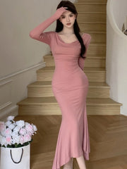 Advbridge -  Women's Elegant Midi Dress Long Sleeve Slash Neck Sexy Bodycon Mermaid Dresses Evening Party Clothes Fashion Spring Autumn New