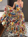 ADVBRIDGE  -  summer women's new peach heart printed high waist dress elegant temperament long holiday beach skirt with suspenders.