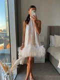 Advbridge Elegant White Sequins Feather Hem Mini Dress Women Sexy Off Shoulder Loose Halter Dresses 2024 New Shiny Female Party Vestidos