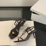 ADVBRIDGE  -  Brown Stiletto Heel Sandals Sexy T Strap Ankle Buckle High Heels Metals Summer Ladies Dress Shoes Black Sandales Femmes