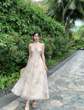 ADVBRIDGE  -  French Style Fairy Dress Women Pink Print Sweet Vintage Chiffon Vestidos Apricot 3D Flower Hang Neck Sexy Elegant Vacation Dress
