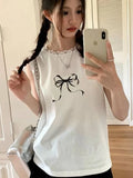 Advbridge  -  Kawaii Sweet Patchwork Tanks Women Korean Fashion Vintage Cute Bow Print Lace Sleeveless Tees Tops Soft Gril 2024 Y2k