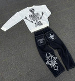 Advbridge Y2K Jeans For Men Hip Hop Retro Skull Embroidery Washed Baggy Denim Pants New Straight Casual Loose Wide Leg Trouser Streetwear
