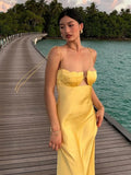 Advbridge Summer Backless Yellow Satin Slip Dresses Women Elegant Off Shoulder Strapless Floral Chest Long Dress New Lady Party Robes