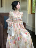 Advbridge French Printed Floral Midi Long Dress Women Autumn Square Collar Lantern Sleeve Lace-up Midi Vestidos Elegant One Piece Clothing