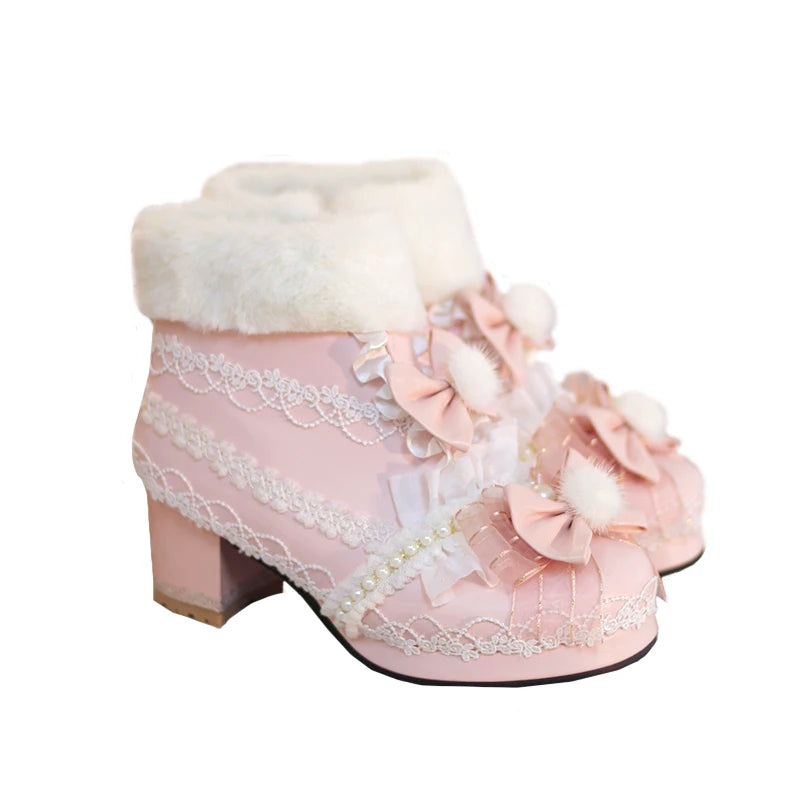 Advbridge Original Lolita Cute Plush Ball Plush Warm Short Boots Lolita Shoes Sweet PU Girls' Shoes