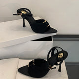 ADVBRIDGE  -  8cm Stiletto Heels Sandals Brown Metals Buckle Pointed Toe Woman Sandals Elegant High Heels Summer Party Shoes Femme