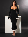 Advbridge Elegant Long Sleeve Sexy Maxi Dress For Women Gown Fashion Patchwork Square Collar Bodycon Evening Fishtail Dress
