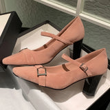 ADVBRIDGE  -  Women's natural suede leather metal buckle slip-on Mary Jane pumps 7cm thick high heel square toe elegant ladies heeled shoes