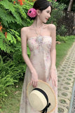 ADVBRIDGE  -  French Style Fairy Dress Women Pink Print Sweet Vintage Chiffon Vestidos Apricot 3D Flower Hang Neck Sexy Elegant Vacation Dress