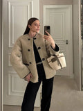 Advbridge Patchwork O-neck Lamb Wool Coat For Women Chic Bull Horn Buckle Long Sleeve Loose Jacket 2024 Autumn Lady Warm Outerwear