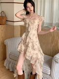 ADVBRIDGE  -  French Retro Printed Dress Women Summer Short Sleeved Chiffon Square Neck Vestidos Elegant Irregular Ruffle Design Fashion Dress