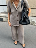 Advbridge 2024 Autumn Women Chic Solid Knitted 2 Piece Sets Elegant Lapel Buttons Short Sleeve Tops Loose Pants Suit Female Casual Outfits