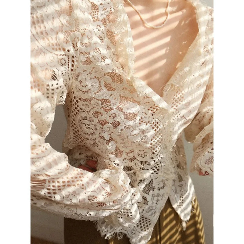 Advbridge Elagant Lace Transparent Blouse Women Youthful V Neck Long Sleeve Shirt Female Vintage Luxury 2024 Spring Aesthetic Korean