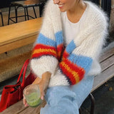 Advbridge Women Y2K Open Front Loose Sweaters Fuzzy Lightweight Stripe Print Contrast Color Long Sleeve Knitwear Cardigans Coat