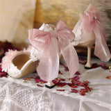 Advbridge French Sweet Vintage Girls Shoes Cosplay Pink Elegant Lace Flower Pearls Pointed Sandals Bandages Bowknot 8cm High Heel Shoes