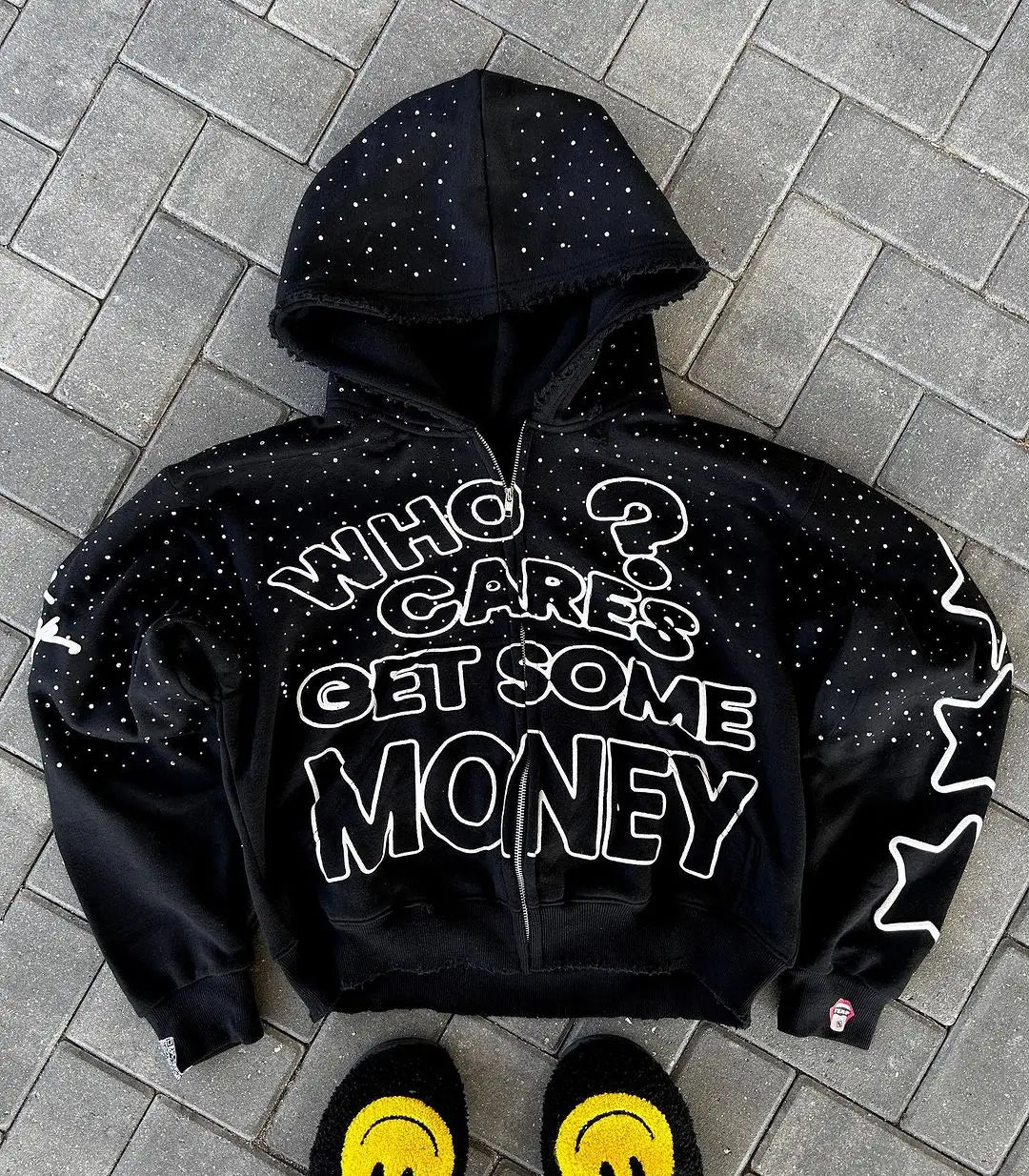 Advbridge Who Cares Get Some Money Applique Printed Zip Hoodie Womens Graphic Sweatshirt Retro Streetwear Casual Hooded Printed Sweatshirt