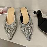 Advbridge Luxury Rhinestone Sandals Women Slingback Slippers Female Fashions Low Heel Flip-flops Shiny Pointed Pumps Women Mule Slippers