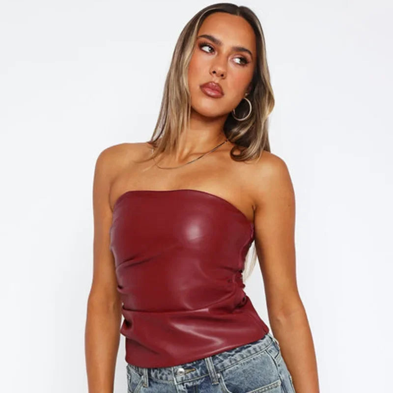 Advbridge Sexy PU Leather Tops for Women Fashion Strapless Sleeveless Slim Cropped Tops Female Solid Basical T-shirts Party Outfits 2024