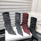Advbridge Luxury Rhinestone Pleated Design Elastic Women's Boots Sexy Pointed Toe Ankle Boots for Women Winter Warm Banquet High Heels
