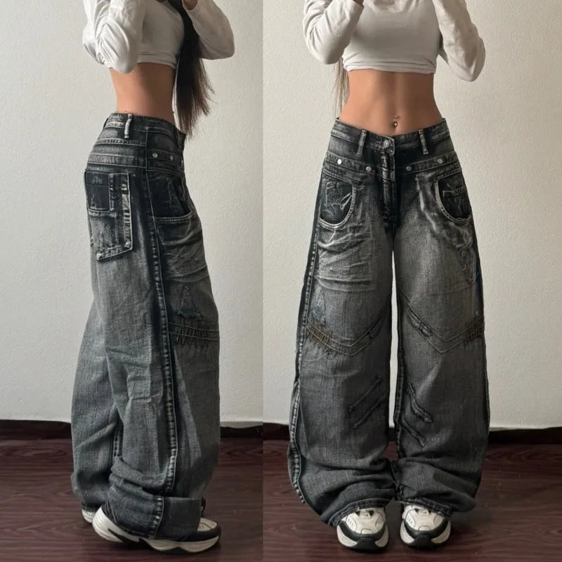 Advbridge Street Vintage Harajuku Style New Fashion Black Washed Baggy Jeans Women Y2K Gothic Hip Hop Popular Casual Joker Wide Leg Pants