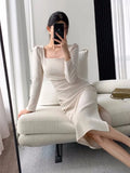 Advbridge Elegant Long Sleeve Midi Dresses for Women Square Collar Slim Waist Bodycon Split Dress Autumn New Solid Office Lady Vestidos