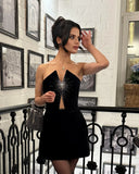 ADVBRIDGE  -  Elegant Deep V Neck Mini Dress Fireworks Pattern Hollow Out Robes Sexy Backless Dresses 2025 New Lady Spring Party Club Gown