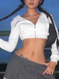 Advbridge Y2K Aesthetic Vintage Basic Zip Up White Cropped Hoodies 2000s Fashion Big Pockets Front Hooded Long Sleeve Sweats Cute