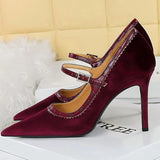 Advbridge Women 10cm High Heels Pointed Toe Pumps Fashion Lady Stiletto High Heels Burgundy Wedding Bridal Velvet Mary Janes Party Shoes