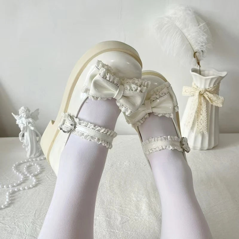 Advbridge Japanese Sweet Girl Single Shoes Original Luo Shoes Cute Bow Lace Middle Heel Lolita Tea Party Single Shoes