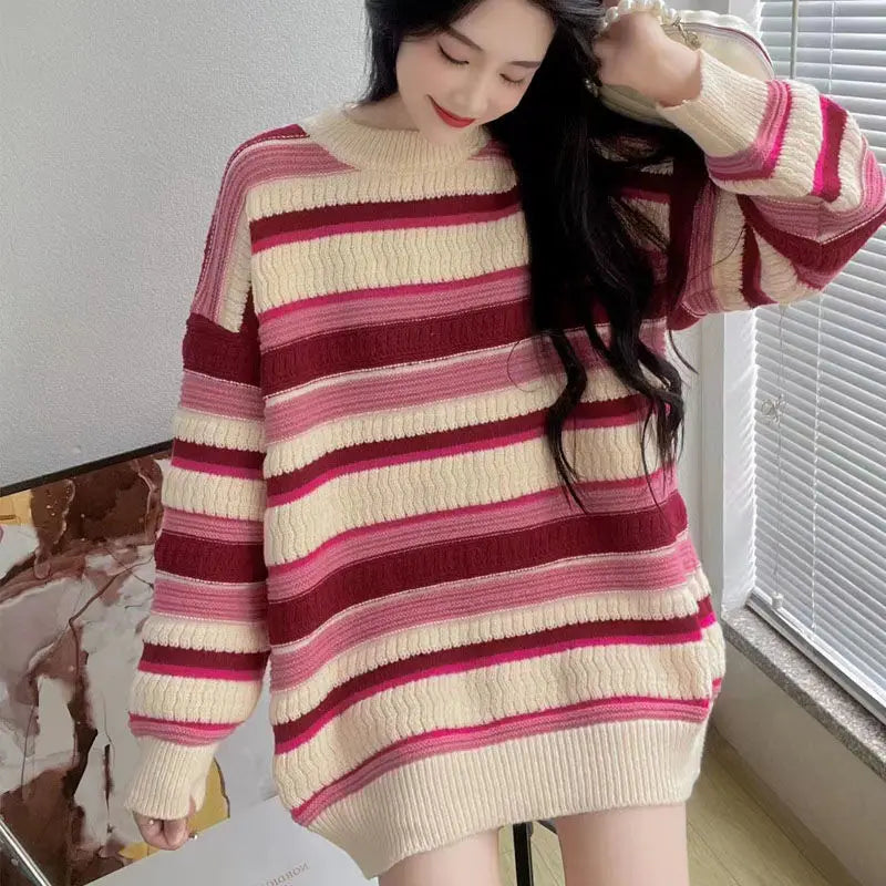 Advbridge Autumn Winter Korean Stripe Fried Dough Twists Sweater Women's 2024 Splice Pullovers O-Neck Fashion Loose Long Sleeve Knit Top