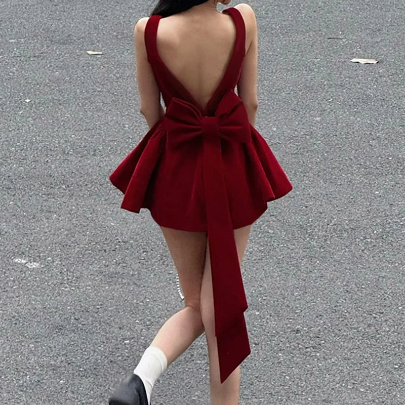 Advbridge V Line Big Bow Backless Red Short Dress Square Collar Elegant Women Sleeveless Mini Dresses Summer A-line Dress Cute