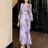 Advbridge French Vintage V-neck Lantern Sleeve Midi Dresses for Women Mesh Slim High Waist Bodycon Autumn New Party Dress Vestidos Mujer