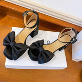 ADVBRIDGE  -  Sweet Bow Chunky Heel Buckle Sandals Women Platform Square Toe Roman High Heels Shoes Female Fashion French Style Sandals