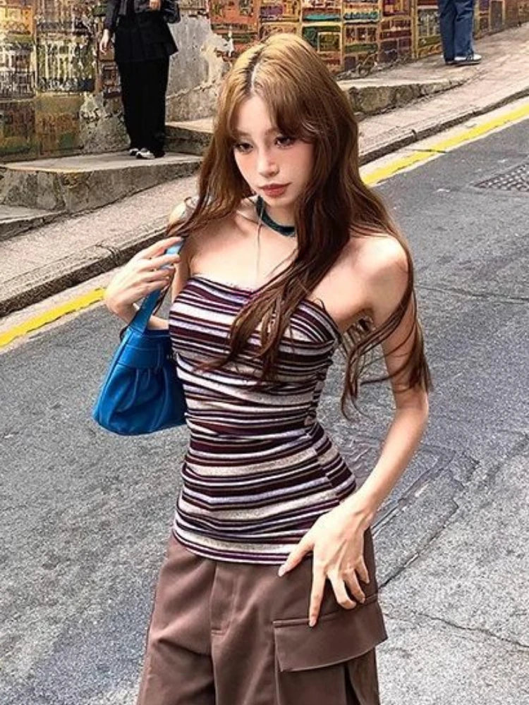 ADVBRIDGE  -  Contrast Color Stripe Y2k Aesthetic Tube Tanks Streetwear Grunge Women Backless Camisole Vintage Harajuku Fairy Bodycon Vest