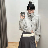 Advbridge Y2K Gray Striped Women Sweater Vintage Turtleneck Korean Fashion Knit Cardigan Harajuku Button Autumn Loose Old Money