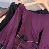 ADVBRIDGE  -  Diagonal Collar Cocktail Party Dress Women Elegant Purple Pleated Flared Sleeve Classic Skirt Fashion Slim Lady Fall Dress