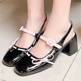 ADVBRIDGE  -  Sweet Bow Belt Buckle Women Sandals Fashion Round Toe Square Heel Mary Jane Shoes Simple Comfort Patent Leather Women Slide Shoe