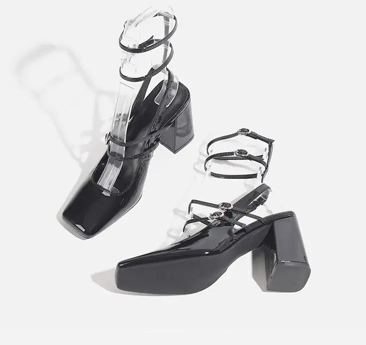 Advbridge New Retro French Square Toe Women High Heel Pumps Sexy Strappy Buckle Black Sandals Chunky High Heels Party Shoes