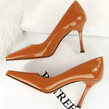 Advbridge Fashion Women 8.5cm High Heels Pumps Brown Glossy Leather Shallow Stiletto Heels Lady Wine Red Nude Office Square Toe Prom Shoes