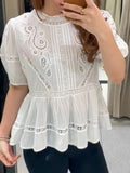 ADVBRIDGE  -  Hollow Out Embroidery White Blouse Women Summer Lace Trim Crew Neck Short Sleeve Blouses Simple Casual Fashion Female Shirt Tops