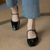 Advbridge -  New Square-toe Leather Shoes Red Black Mary Janes Shoes Women'S Shallow Mouth Casual Chunky Heel Shoes Low Heels Shoes