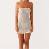 ADVBRIDGE  -  Sexy White Knit Mini Dress Strapless High Waist Summer Party Dresses See Through Tassels Elegant Slim Vestido Holiday Robe