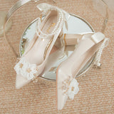 Advbridge Elegant Flowers High Heels Pumps Women 2024 New Pearl Ankle Strap Wedding Shoes Woman String Bead Small Square Heel Bridal Shoes