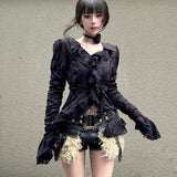 Advbridge Vintage V-neck Black Shirts Women Spring Autumn  New Slim Waist Ruffles Blouses Y2k Grunge Long Sleeve Blusas Mujer