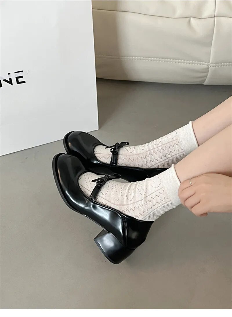 Advbridge Elegant Mary Jane Pumps Woman High Heels Shoes Leather Casual Shoes Women Square Heeled Shoes Ladies Sweet Style Lolita Shoes