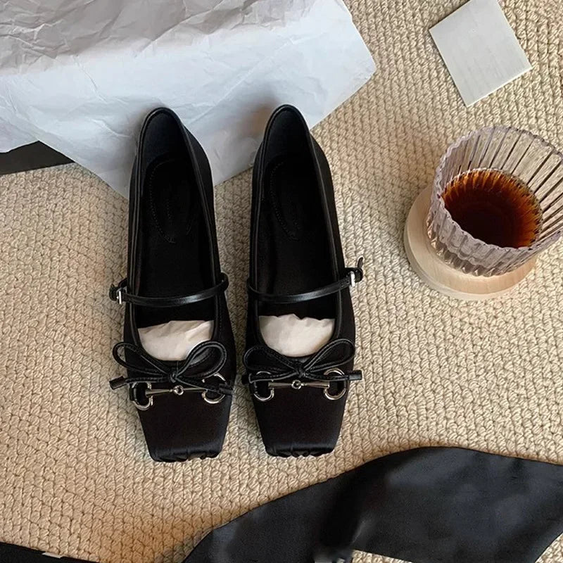 Advbridge Women Pumps Square Heels New Fashionable French Style Girl Bow Versatile Pig Nose Princess Single Shoes Woman Shoe Brown
