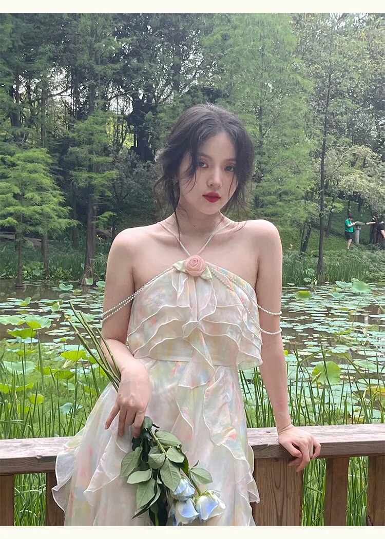 Advbridge France Vintage Sweet Tie-dyed Fairy Dress Summer Women Elegant Chic Ruffles Princess Dresses Female Casual Beach Vestidos